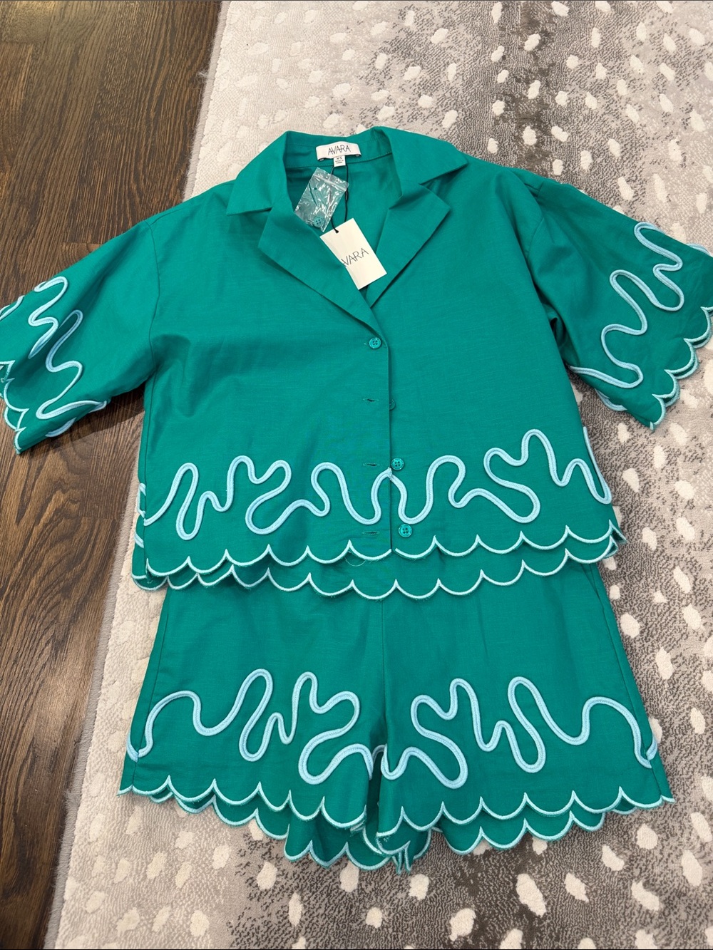 Avra Teal Scalloped Embroidered Short Jumpsuit Set